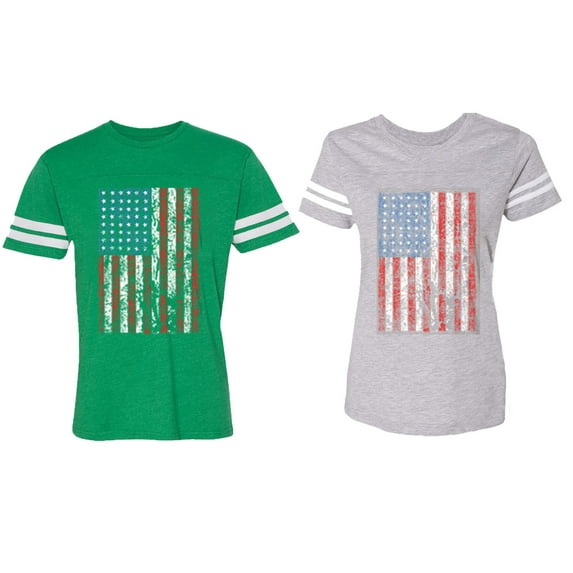 American Flag Matching Couple Cotton Jerseys (Men Green / Women Heather) (Men S / Women M)
