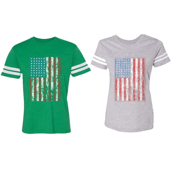 American Flag Matching Couple Cotton Jerseys (Men Green / Women Heather) (Men XL / Women XXL)
