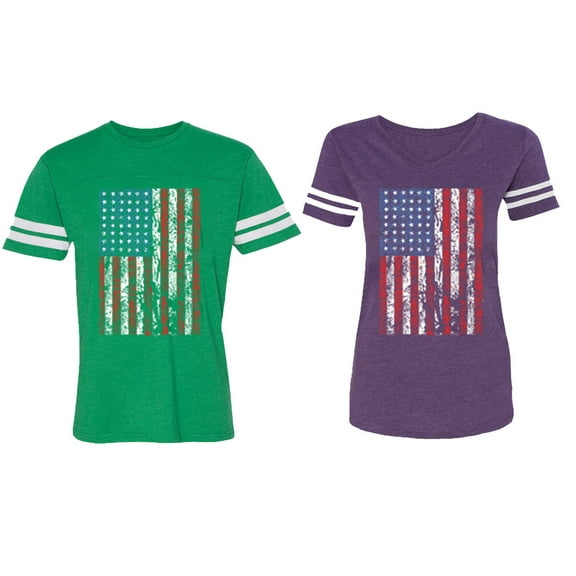 American Flag Matching Couple Cotton Jerseys (Men Green / Women Purple) (Men S / Women L)