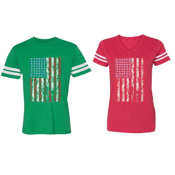American Flag Matching Couple Cotton Jerseys (Men Green / Women Red) (Men L / Women XL)