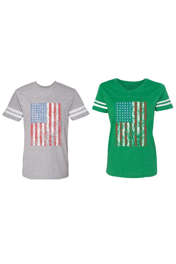 American Flag Matching Couple Cotton Jerseys (Men Heather / Women Green) (Men L / Women L)