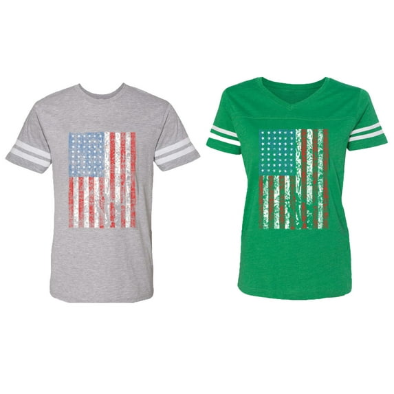 American Flag Matching Couple Cotton Jerseys (Men Heather / Women Green) (Men XXL / Women XL)