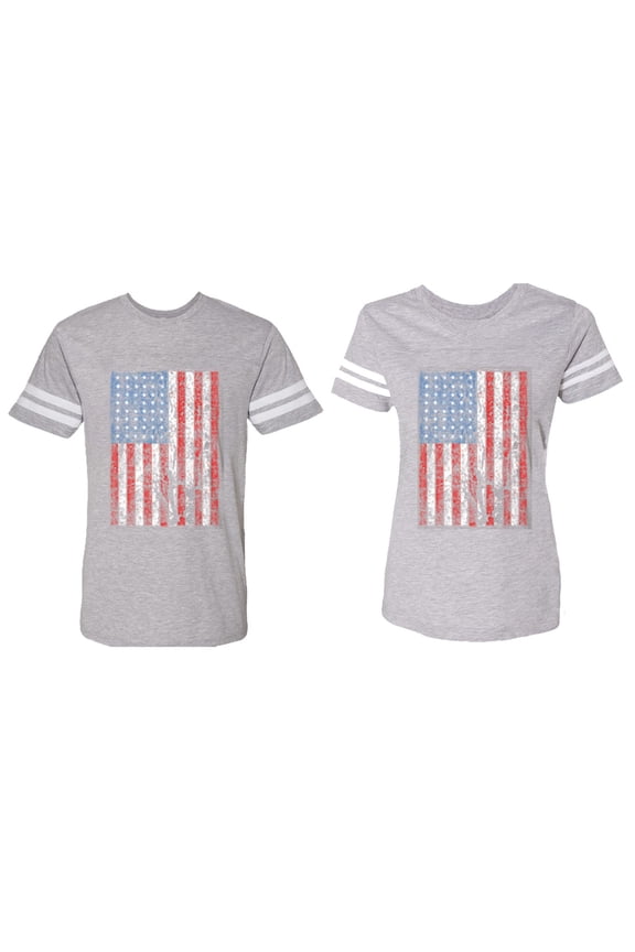 American Flag Matching Couple Cotton Jerseys (Men Heather / Women Heather) (Men L / Women L)