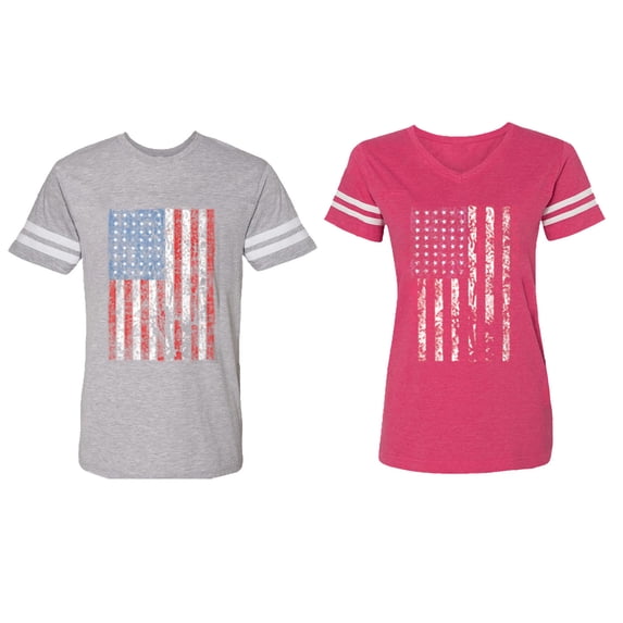 American Flag Matching Couple Cotton Jerseys (Men Heather / Women Pink) (Men L / Women M)