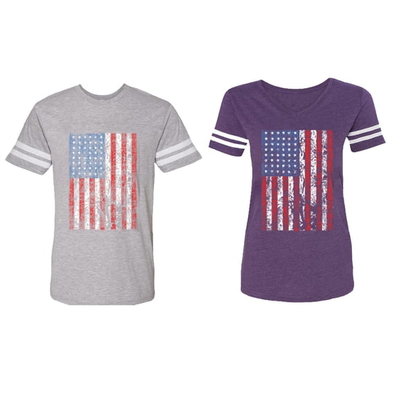 American Flag Matching Couple Cotton Jerseys (Men Heather / Women Purple) (Men XL / Women XXL)