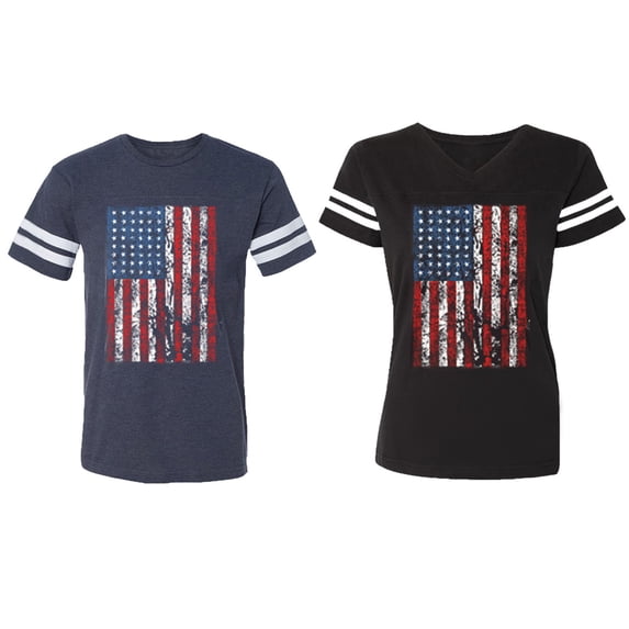 American Flag Matching Couple Cotton Jerseys (Men Navy / Women Black) (Men XXL / Women XL)