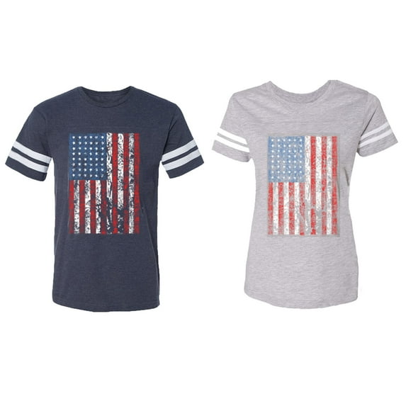 American Flag Matching Couple Cotton Jerseys (Men Navy / Women Heather) (Men S / Women XXL)