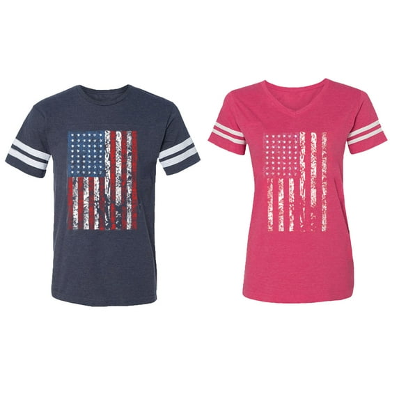 American Flag Matching Couple Cotton Jerseys (Men Navy / Women Pink) (Men XL / Women M)