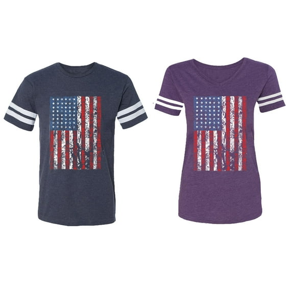 American Flag Matching Couple Cotton Jerseys (Men Navy / Women Purple) (Men L / Women XL)