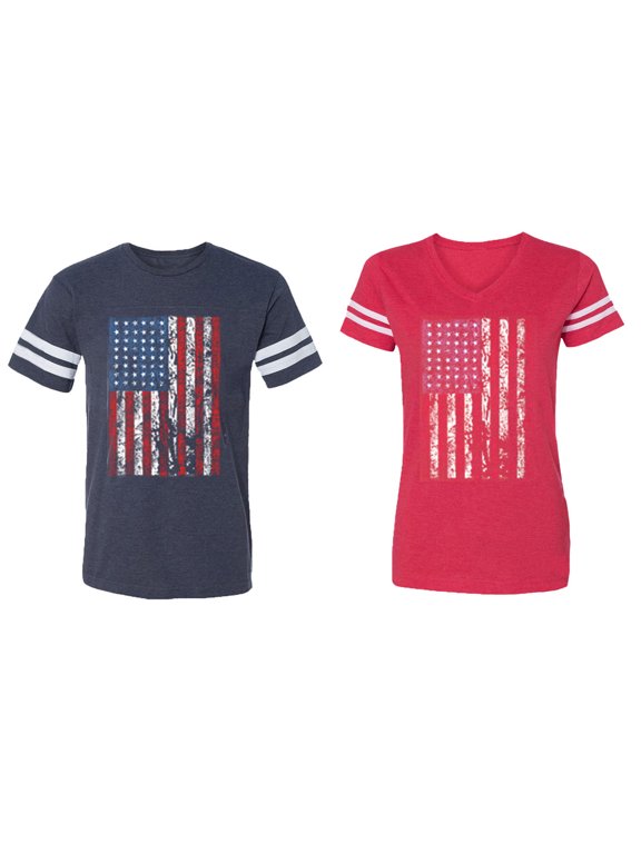 American Flag Matching Couple Cotton Jerseys (Men Navy / Women Red) (Men M / Women M)