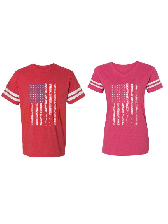 American Flag Matching Couple Cotton Jerseys (Men Red / Women Pink) (Men M / Women L)