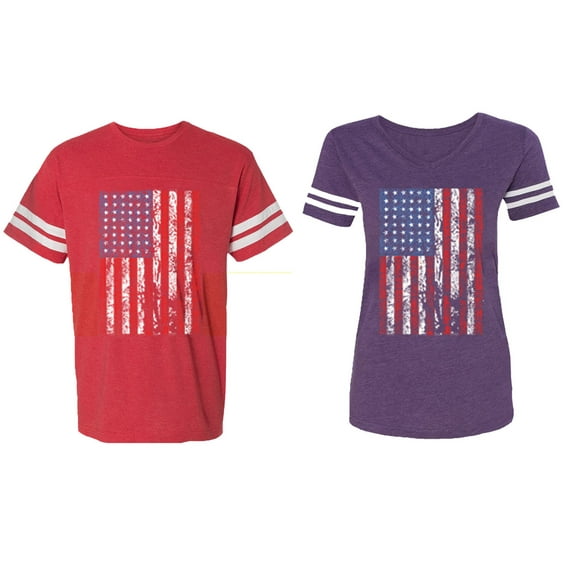 American Flag Matching Couple Cotton Jerseys (Men Red / Women Purple) (Men L / Women S)