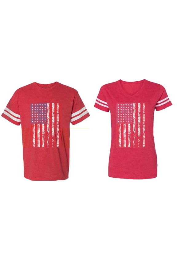 American Flag Matching Couple Cotton Jerseys (Men Red / Women Red) (Men L / Women L)