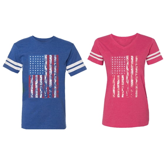 American Flag Matching Couple Cotton Jerseys (Men Royal / Women Pink) (Men XXL / Women XL)