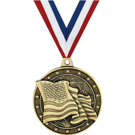 American Flag Medals, 2" Gold Diecast American Flag Medal Award 100 Pack