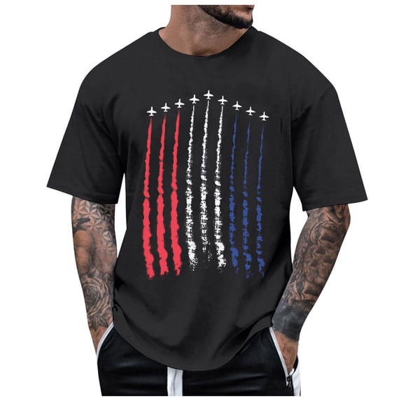 American Flag Men's T-Shirt Short Sleeve Crew Neck Summer Classic Patriot USA July Fourth Gift Tops Big and Tall Black,XL