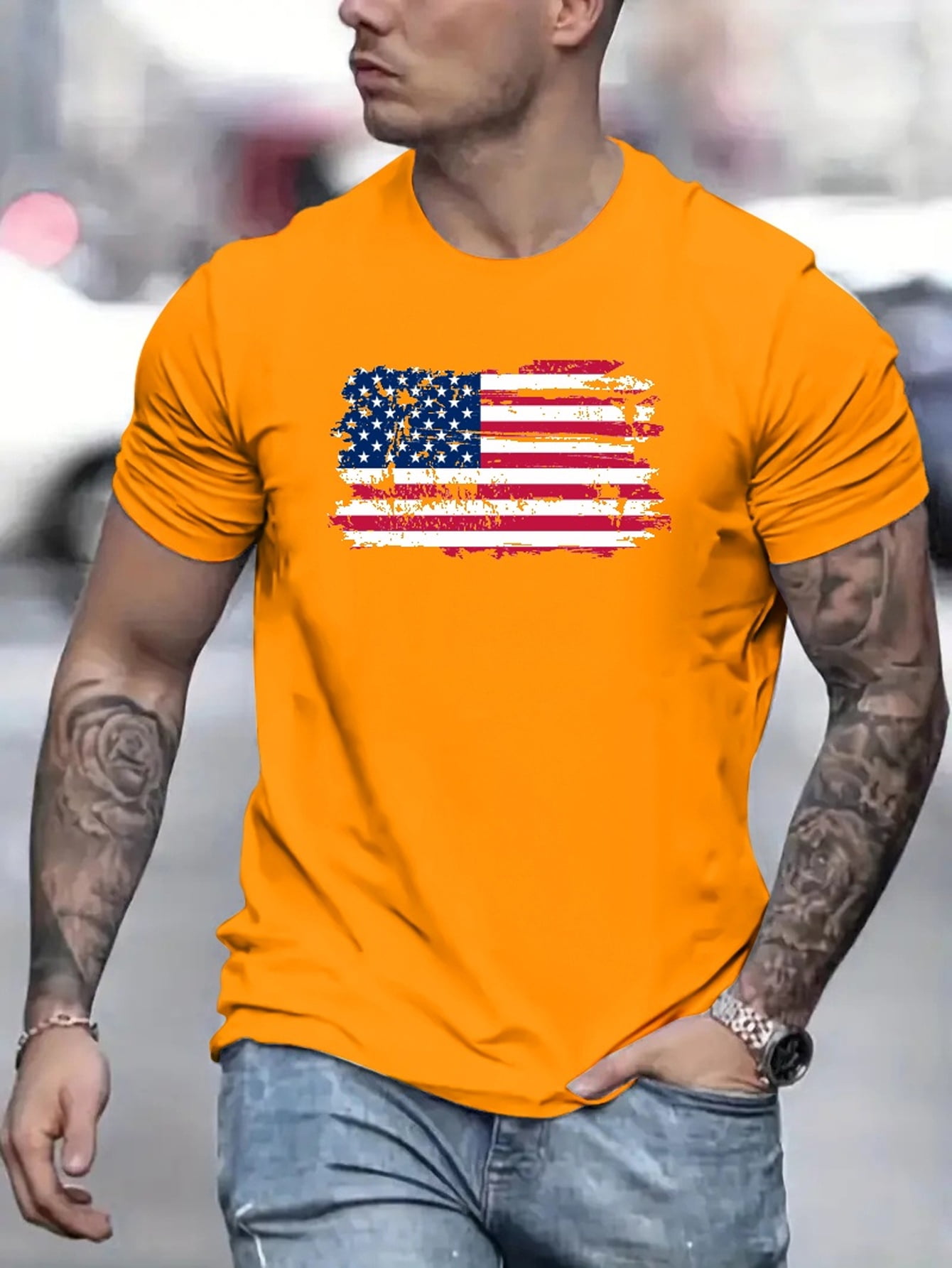 American Flag Men's Vintage T-shirt For Summer Outdoor, Casual Mid ...