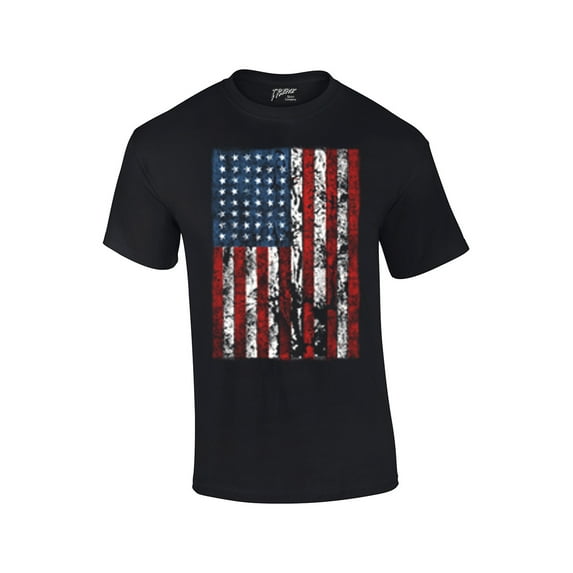 American Flag Mens Short Sleeve T-shirt United States USA Tattered Flag United States Patriotic Americana Proud Heritage-Black-XXXL