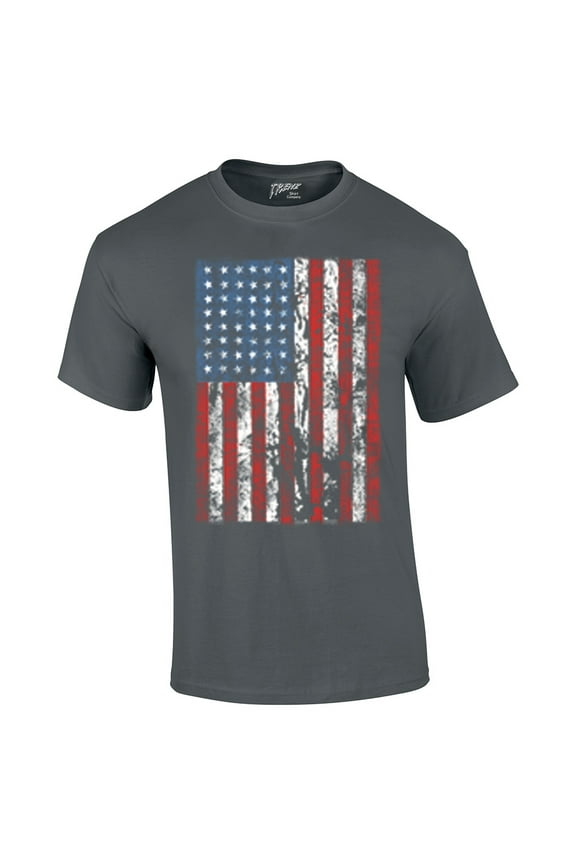 American Flag Mens Short Sleeve T-shirt United States USA Tattered Flag United States Patriotic Americana Proud Heritage-Charcoal-Me