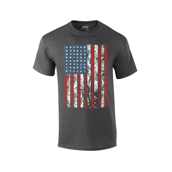 American Flag Mens Short Sleeve T-shirt United States USA Tattered Flag United States Patriotic Americana Proud Heritage-HeatherGray