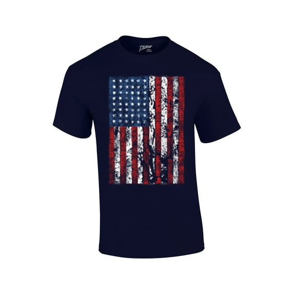 American Flag Mens Short Sleeve T-shirt United States USA Tattered Flag United States Patriotic Americana Proud Heritage-Navy-Large