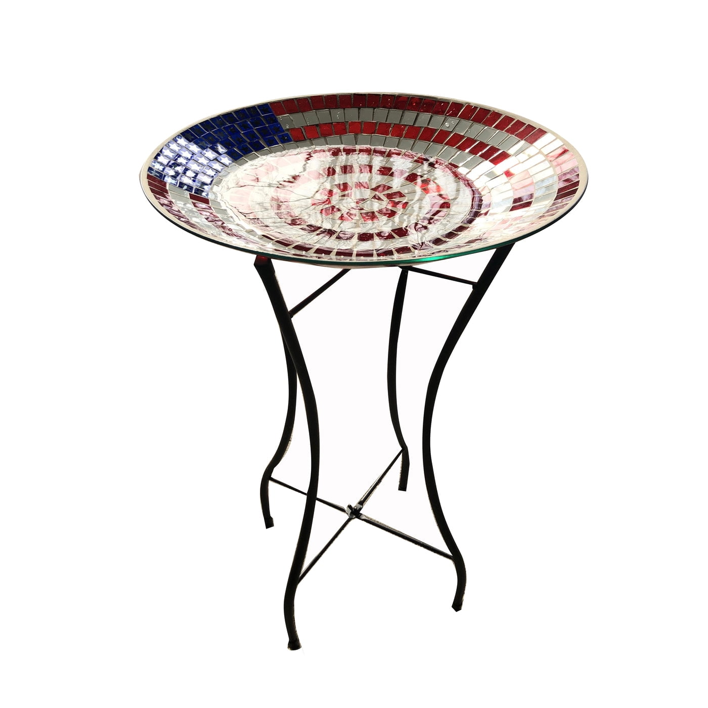 American Flag Mosaic Glass Birdbath With Metal Stand