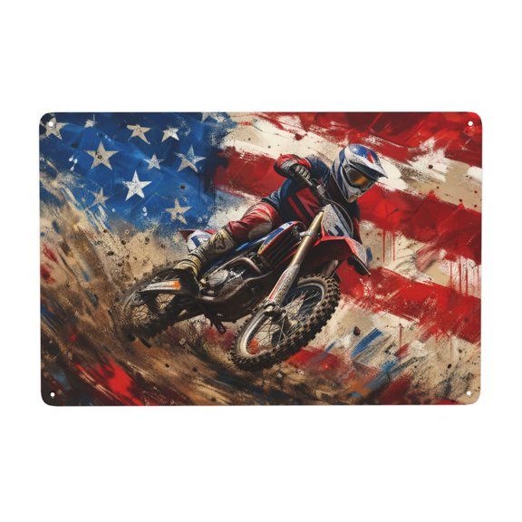 American Flag Motocross Dirt Bike Metal Wall Decor Sign, Vintage Style Racing Motorcycle Graphic Plaque for Home Garage Bar Indoor Outdoor Decoration, 8X12 Inch Iron Hanging Sign w