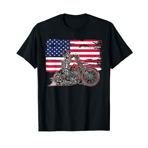 American Flag Motorcycle Skeleton Biker Bobber Chopper Rider T-Shirt