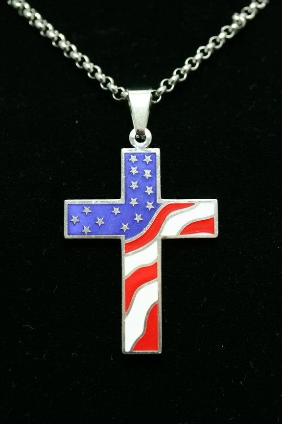 American Flag Necklace Stainless Steel Cross Pendant Necklaces Patriotic Jewelry Religious USA Silver steel Heavy Chain