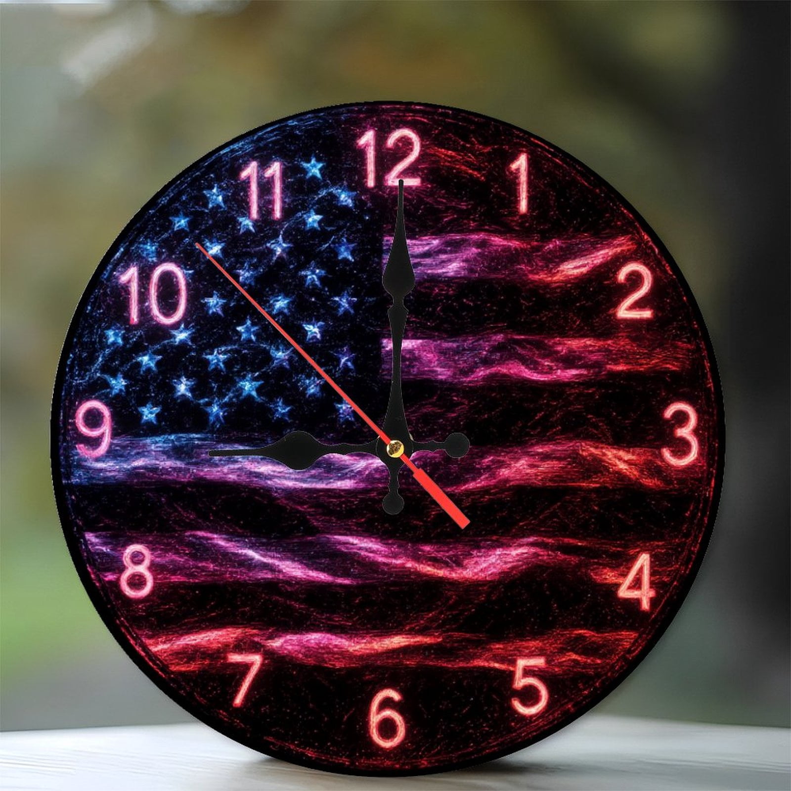 American Flag Neon Clock Wall Decor Art 10-Inch Silent Wooden Wall ...