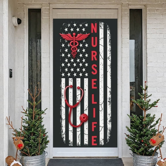 American Flag Nurse Banner Caduceus Symbol  Display Stethoscope Red Accent Nurse Backdrop for Nurse Appreciation Day  Staff Party Hospital Event