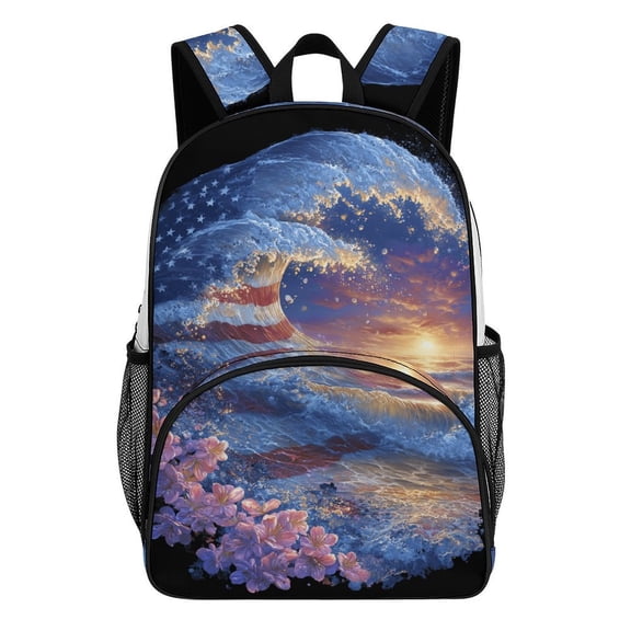 American Flag Ocean Wave Sunset Blossom Teenage Backpack Middle Students Bookbag Outdoor Daypack