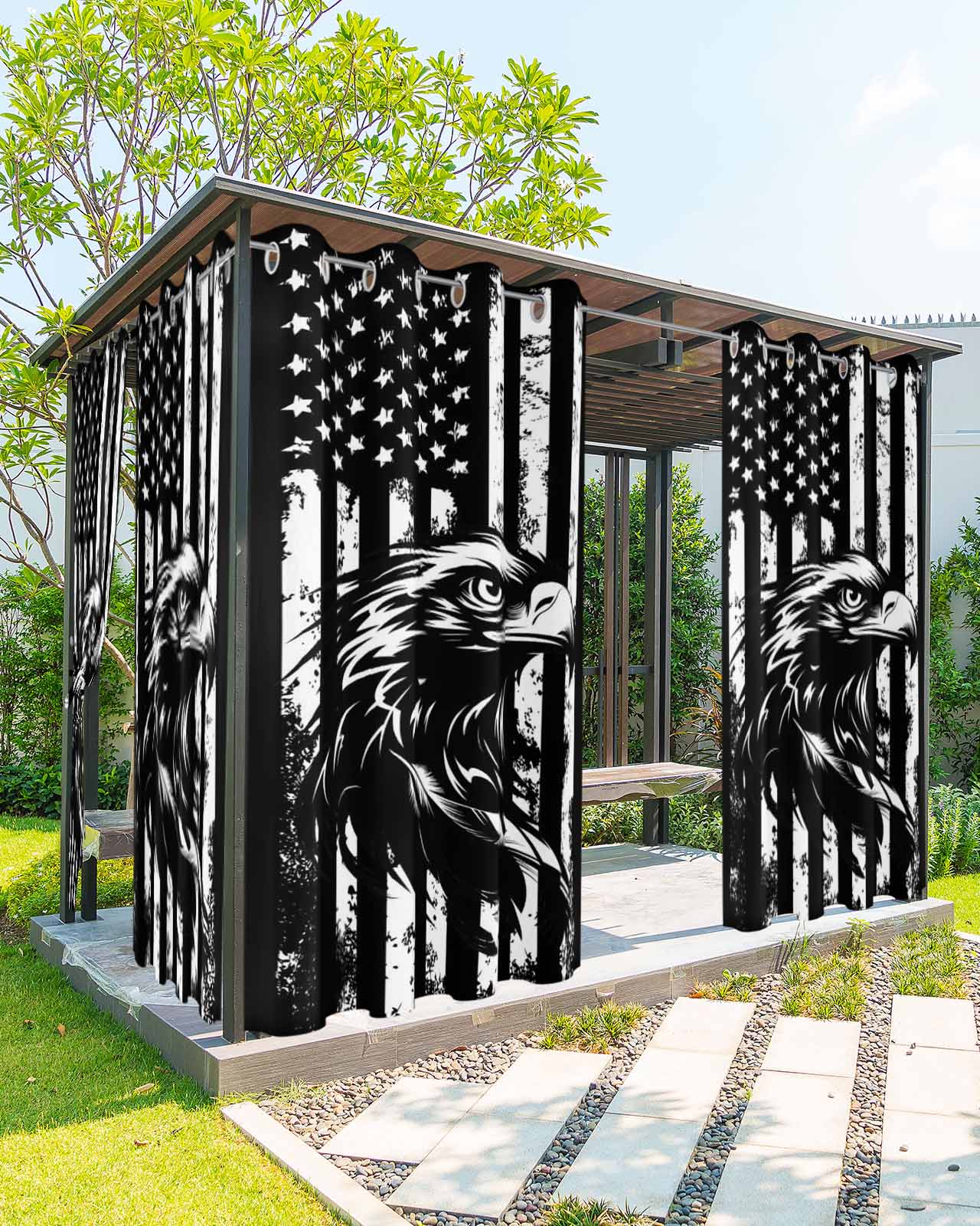American Flag Outdoor Curtains for Patio, Black US Flag Eagle Privacy Drapes Grommet Waterproof Outside Curtains for Porch/Cabana/Balcony 54"x 108", 1 Panel