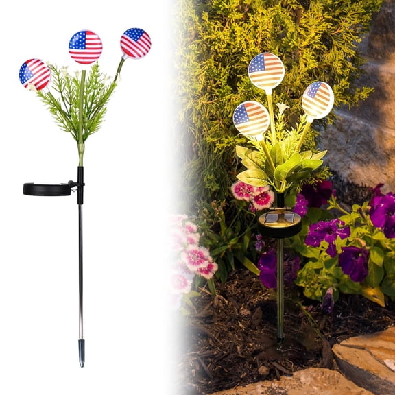 American Flag Outdoor Lights, 3Head Flag Lights with Flashing & Steady Modes, Lighted Patriotic Flags for 4Th of July Outdoor Garden Decor