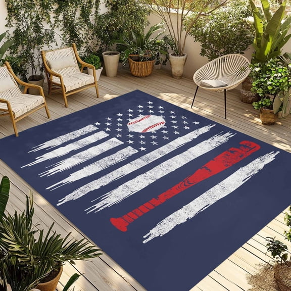 American Flag Outdoor Rug 3x5 Ft - Reversible Patio Rug Outdoor Camping Rugs, US Flag Baseball Stars Navy Blue Washable Indoor Outdoor Area Rugs, Non-Slip Outdoor Carpet Runner for Deck/Porch