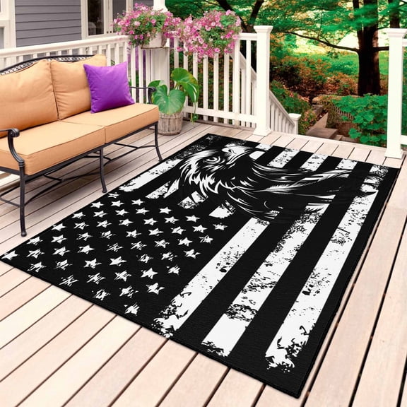 American Flag Outdoor Rug for Patio/Deck/Porch, Non-Slip Large Area Rug 3 x 5 Ft, Black US Flag Eagle Indoor Outdoor Rugs Washable Area Rugs, Reversible Camping Rug Carpet Runner
