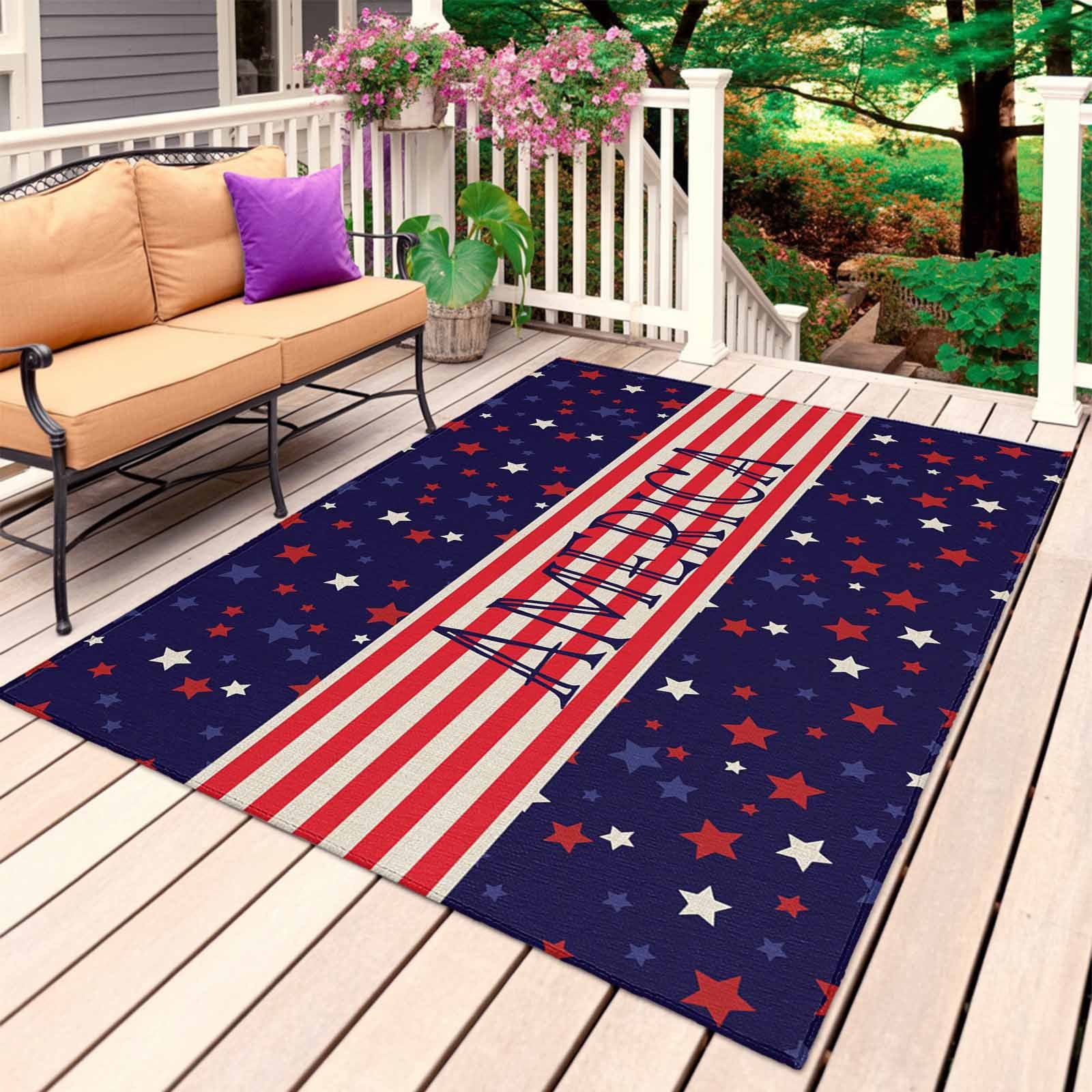 American Flag Outdoor Rug for Patio/Deck/Porch, Non-Slip Large Area Rug 5 x 7 Ft, Independence Day Red Blue Star Striped Indoor Outdoor Rugs Washable Area Rugs, Reversible Camping Rug Carpet Runner