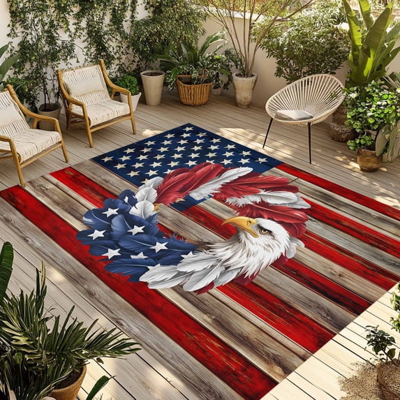 American Flag Outdoor Rug for Patio/Deck/Porch, Non-Slip Large Area Rug 6 x 9 Ft, Blue Red USA Flag Eagle Wreath Indoor Outdoor Rugs Washable Area Rugs, Reversible Camping Rug Carpet Runner