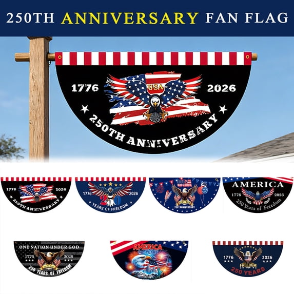 American Flag Outdoor Semi-Circular, 250th Anniversary 4th of July Decorations, Half Round Patriotic Banner with US Flag Design for Porch Railing, Garden Flags
