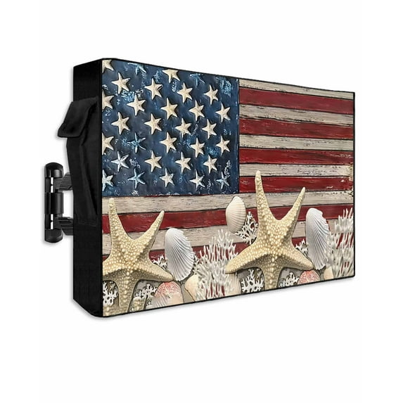 American Flag Outdoor TV Cover 40 to 43 Inch Weatherproof, Coastal White Red Blue Vintage US Flag 600D Oxford TV Covers with Waterproof Zipper, Outside Flat TV Screen Protector Size 40"Wx25"Hx4.5"D