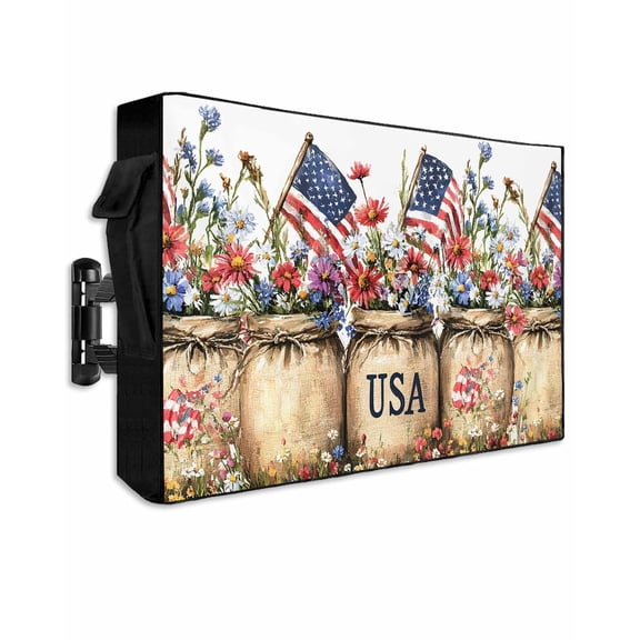 American Flag Outdoor TV Cover 40 to 43 Inch Weatherproof, Vintage Daisy Flower Farmhouse Sfyle 600D Oxford TV Covers with Waterproof Zipper, Outside Flat TV Screen Protector Size 40"W x 25"H x 4.5"D