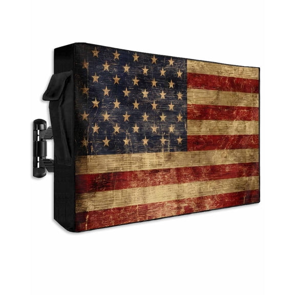 American Flag Outdoor TV Cover 48 to 50 Inch Weatherproof, Farmhouse Vintage Retro Red Blue 600D Oxford TV Covers with Waterproof Zipper, Outside Flat TV Screen Protector Size 48"W x 30"H x 4.5"D