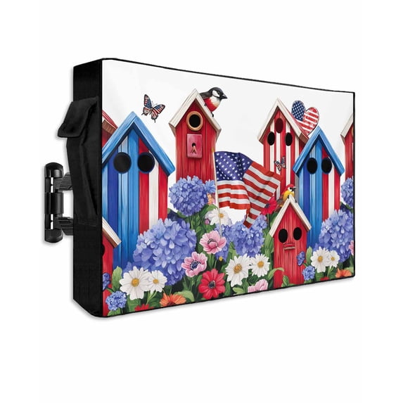 American Flag Outdoor TV Cover 48 to 50 Inch Weatherproof, Spring Garden Floral Birds House 600D Oxford TV Covers with Waterproof Zipper, Outside Flat TV Screen Protector Size 48"W x 30"H x 4.5"D