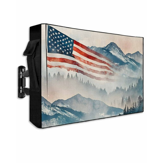American Flag Outdoor TV Cover 60 to 65 Inch Weatherproof, 4th of July Forest Independence Day 600D Oxford TV Covers with Waterproof Zipper, Outside Flat TV Screen Protector Size 58"W x 37"H x 4.5"D