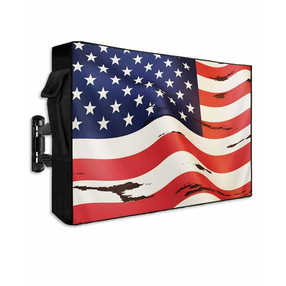 American Flag Outdoor TV Cover 60 to 65 Inch Weatherproof, Red Blue USA Flag 600D Oxford TV Covers with Waterproof Zipper, Outside Flat TV Screen Protector Size 58"W x 37"H x 4.5"D