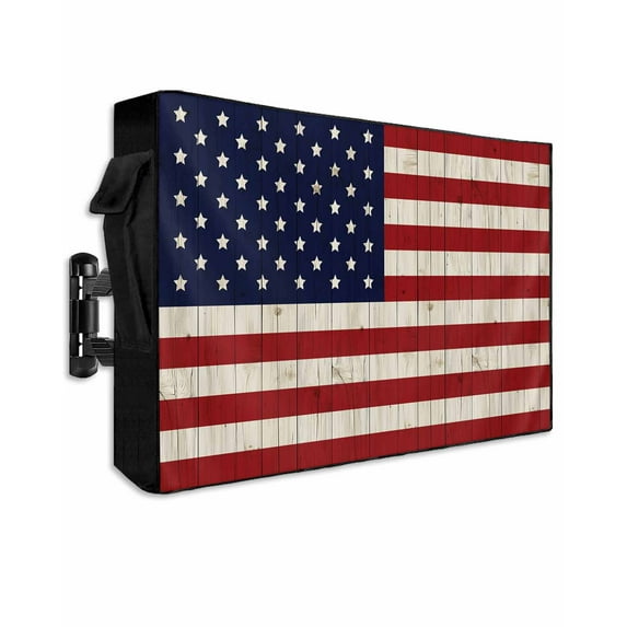 American Flag Outdoor TV Cover 60 to 65 Inch Weatherproof, Vintage Wooden Star Striped Red Blue 600D Oxford TV Covers with Waterproof Zipper, Outside Flat TV Screen Protector Size 58"W x 37"H x 4.5"D