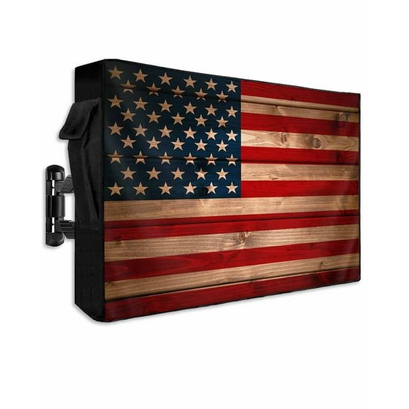 American Flag Outdoor TV Cover 70 to 75 Inch Weatherproof, Blue Red USA Flag Vintage Wooden 600D Oxford TV Covers with Waterproof Zipper, Outside Flat TV Screen Protector Size 68"W x 42"H x 4.5"D