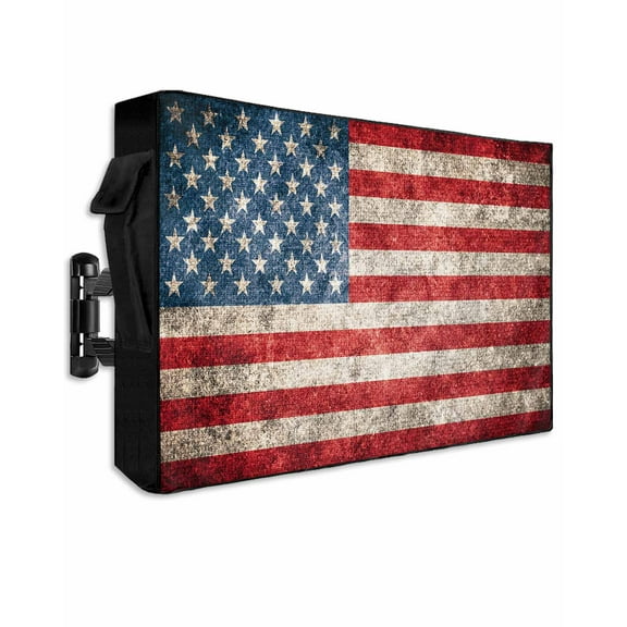 American Flag Outdoor TV Cover 70 to 75 Inch Weatherproof, Vintage Blue Red USA Flag 600D Oxford TV Covers with Waterproof Zipper, Outside Flat TV Screen Protector Size 68"W x 42"H x 4.5"D