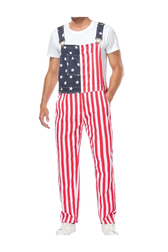 250th Anniversary American Flag Overalls Adjustable Straps Mens Red White Blue Bib Coveralls 4th of July Romper(American Flag,M)