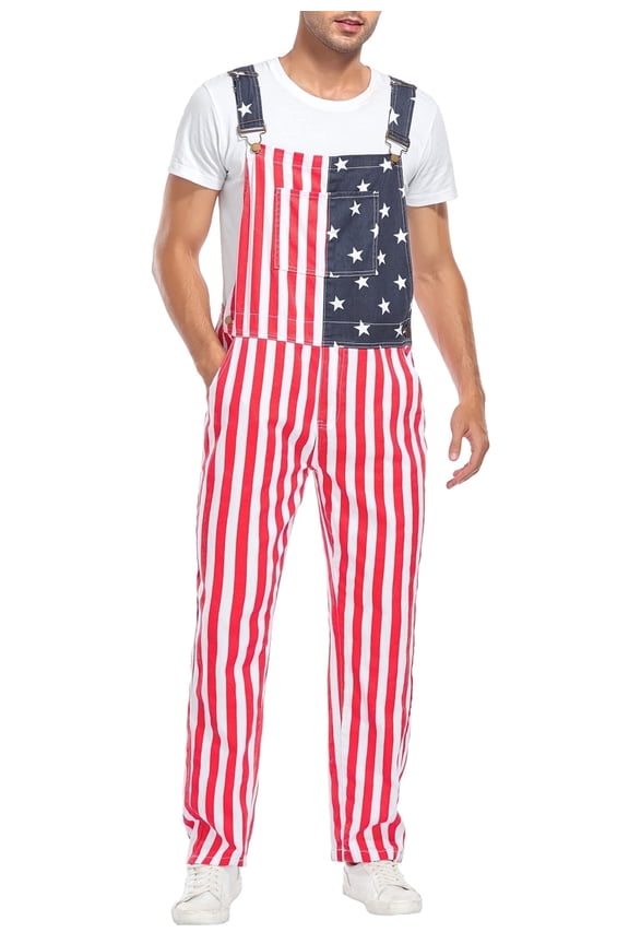 American Flag Overalls Men Red White Blue Bib Coveralls 4th of July Romper